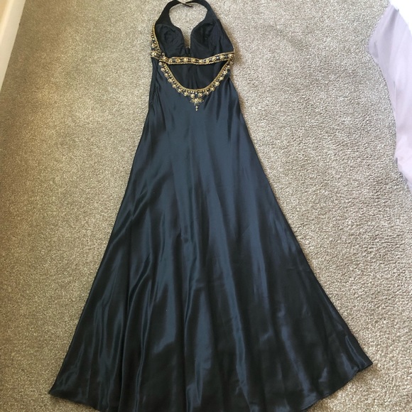 PROM READY FABULOUS BEJEWELED HALTER NECK LOW BACK SATIN GOWN W/Matching Jacket - Picture 4 of 14